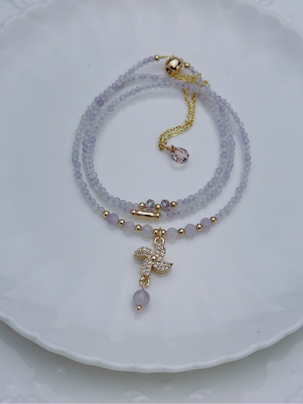 GB96 Handmade Lavender Amethyst Triple Layers Bracelet Necklace 2in1 20+5” - Picture 4 of 6